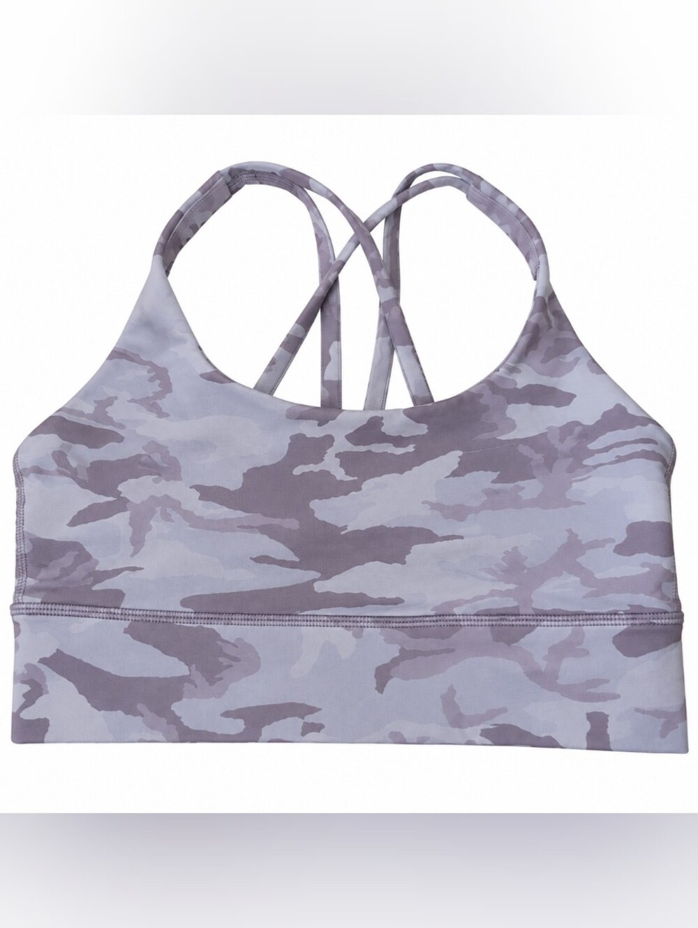 Lululemon Sports Bra Women’s Size 12 Purple Camo Strappy Longline Yoga Workout